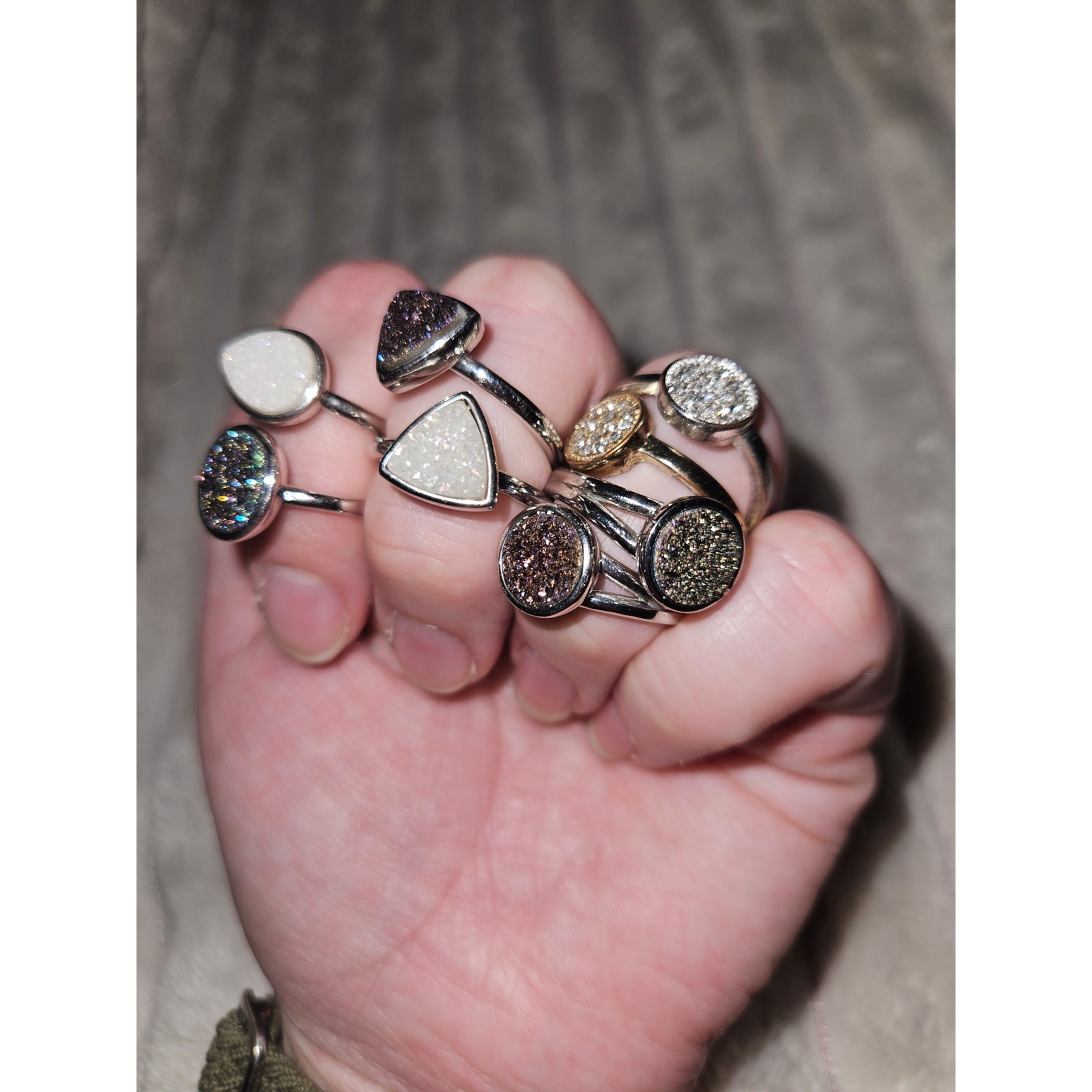 Fragrant Jewels Rainbow Quartz Druzy + 2 Pav Set Diamond Style Rings Sz 6-7